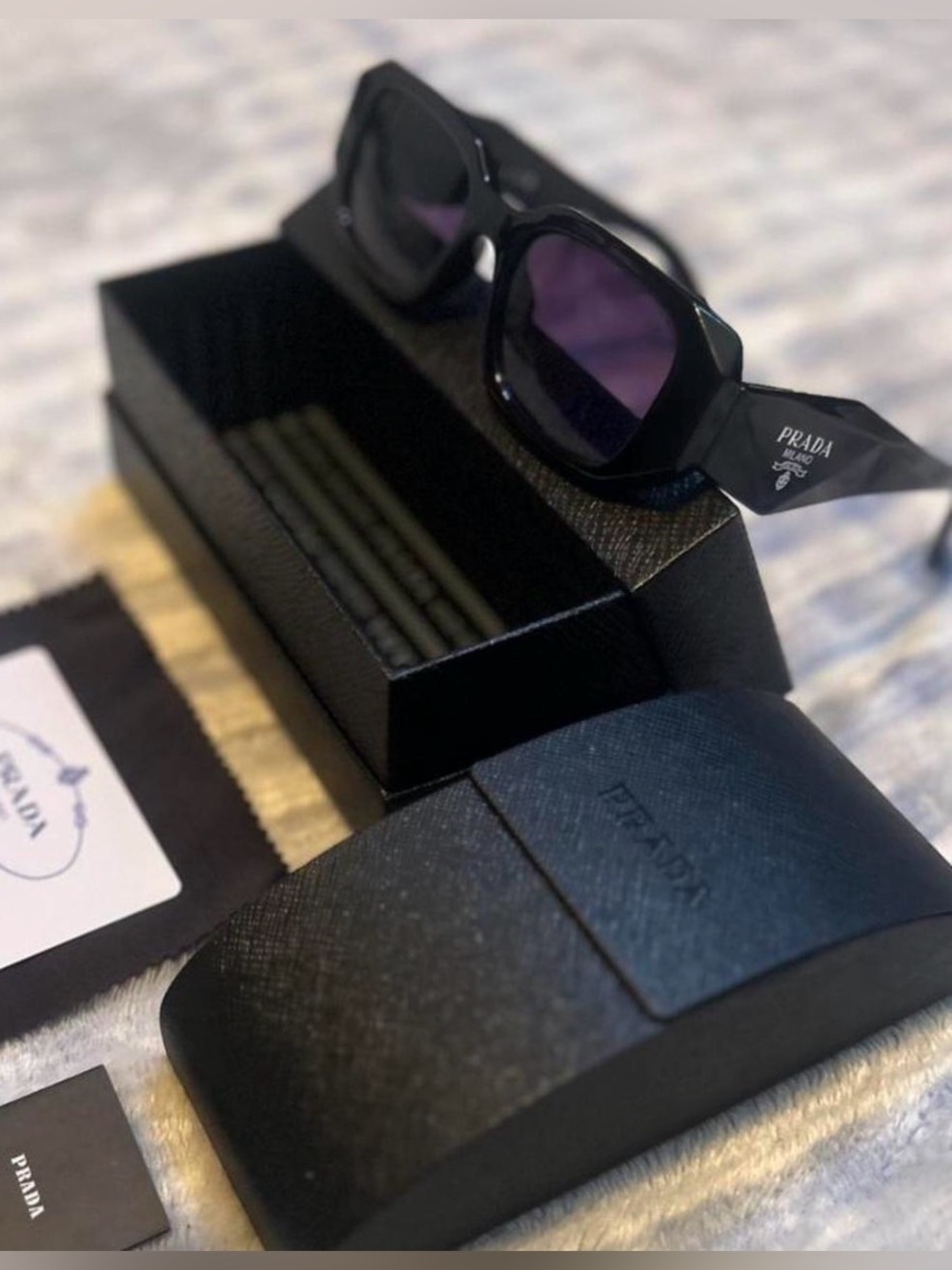 Prada Women’s Black Rectangular Sunglasses with Logo Accent - Picture 2 of 5
